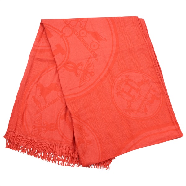 橘紅色 喀什米爾 絲綢 New Libris 圍巾【HERMES 愛馬仕】