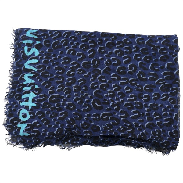 藍色 絲綢 喀什米爾 豹紋 圍巾【LOUIS VUITTON LV 路易威登】