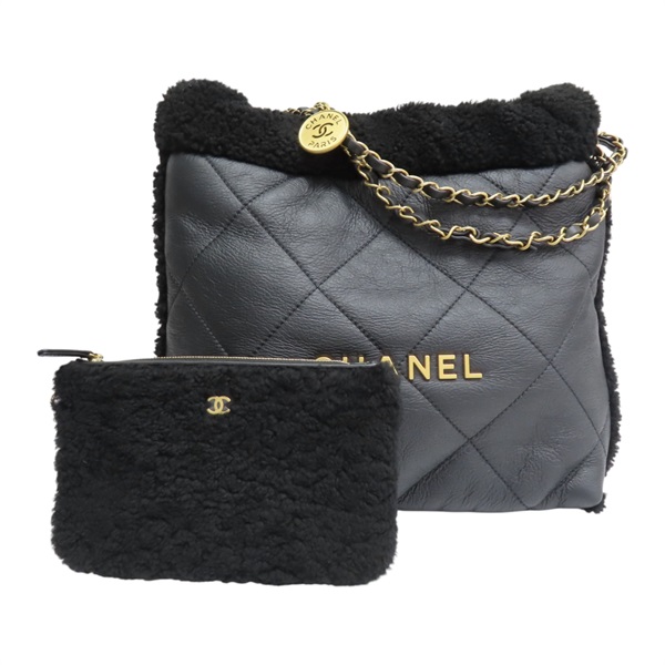 黑色 毛呢 牛皮 22 鍊帶 肩背包