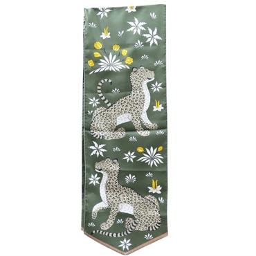 綠色 絲綢 Les Leopards 長型絲巾【HERMES 愛馬仕】