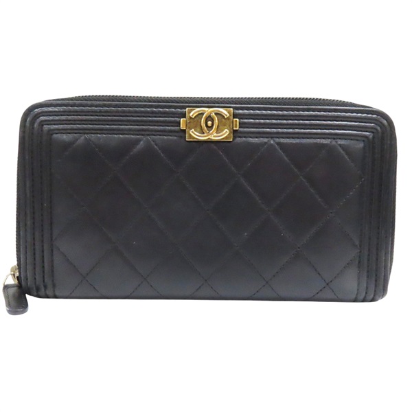 黑色 羊皮 BOY拉鍊長夾 金扣 (無卡)