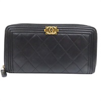 黑色 羊皮 BOY拉鍊長夾 金扣 (無卡)