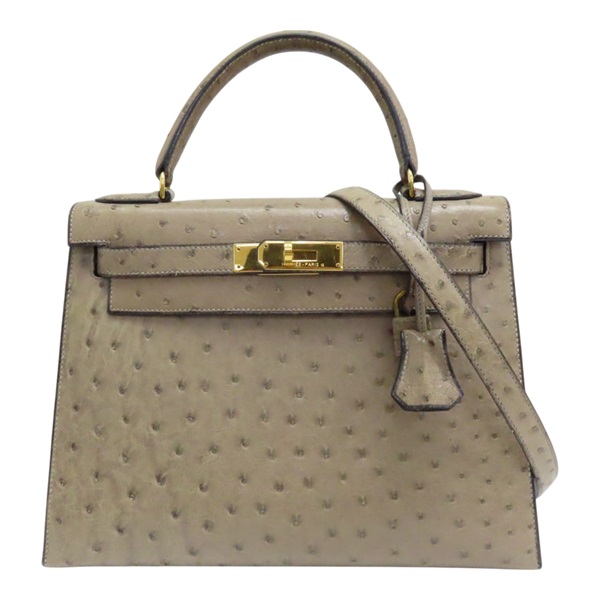 卡其色 鴕鳥皮 Kelly 28 凱莉包 兩用包 ○U刻 金扣【HERMES 愛馬仕】