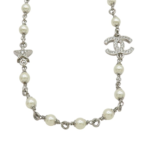 銀色鍍金 雙C 星星 水鑽 珍珠 項鍊【CHANEL 香奈兒】