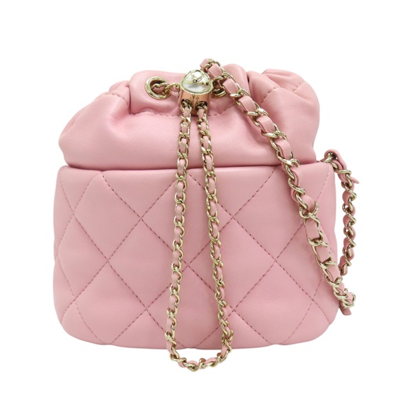 粉色 菱格紋 羊皮 鍊帶 水桶包 肩背包