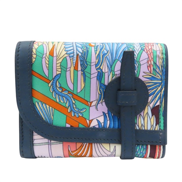 藍色牛皮飾邊 絲巾布面 Avecsoie 短夾 W刻