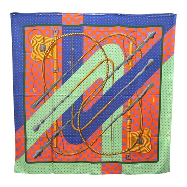 橘/藍/綠色 羊絨 絲綢 Clic Clac Double Face 絲巾 圍巾 140【HERMES 愛馬仕】