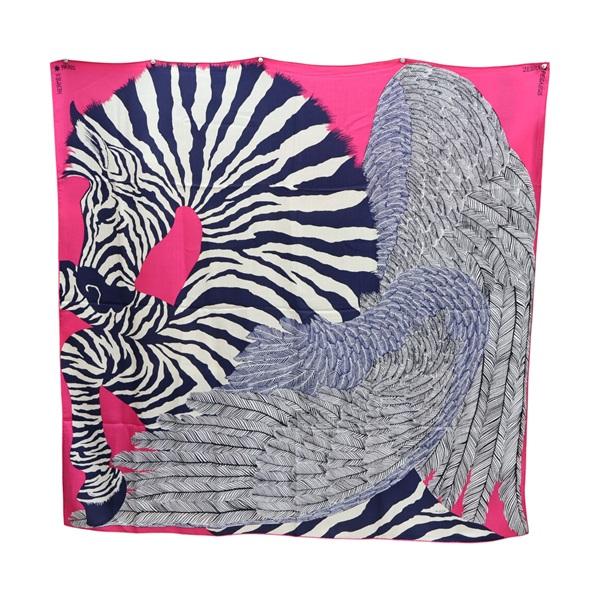 桃紅色 絲綢 羊絨 Zebra Pegasus Giant Triangle 絲巾 140X140【HERMES 愛馬仕】