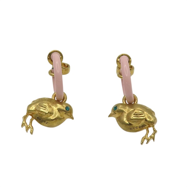 金色 鍍金小鳥 粉色琺瑯 圈式夾式耳環【GUCCI 古馳】
