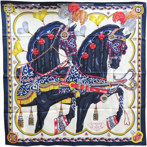 藍色 Harnais de Coeur 絲綢 絲巾 90x90【HERMES 愛馬仕】