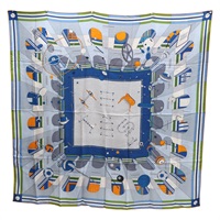 灰/藍色 絲綢 羊絨 Chic, Le Sport 絲巾 140X140【HERMES 愛馬仕】