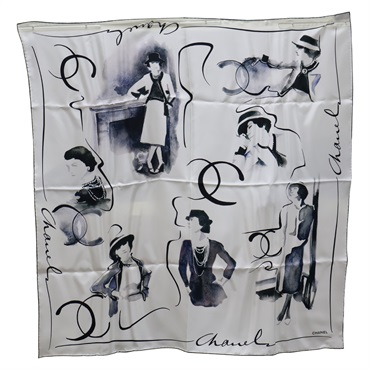 黑/白色 真絲  絲巾 90*90【CHANEL 香奈兒】