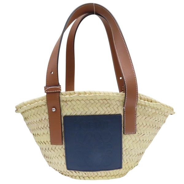米色 棕櫚葉編織 棕/藍色牛皮 Basket 手提包 #262121