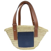米色 棕櫚葉編織 棕/藍色牛皮 Basket 手提包 #262121