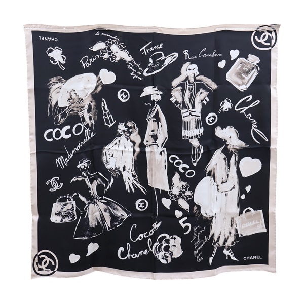 黑/粉色 真絲 手繪圖案 絲巾 90*90【CHANEL 香奈兒】