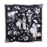 黑/粉色 真絲 手繪圖案 絲巾 90*90【CHANEL 香奈兒】