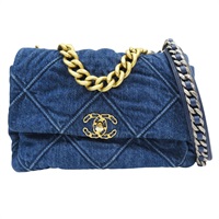 深藍色 單寧布 19 30CM 鍊帶 肩背包 金扣【CHANEL 香奈兒】