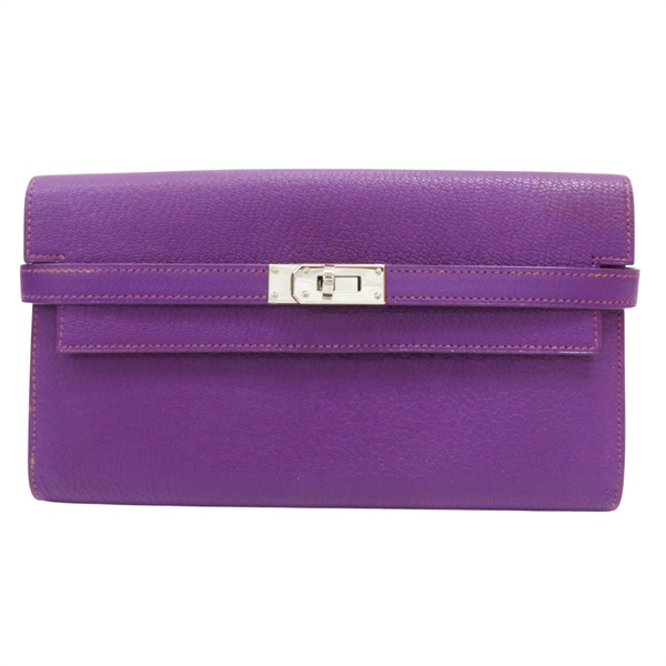紫色 Chevre Mysore山羊皮 Kelly 長夾 □N刻 銀扣