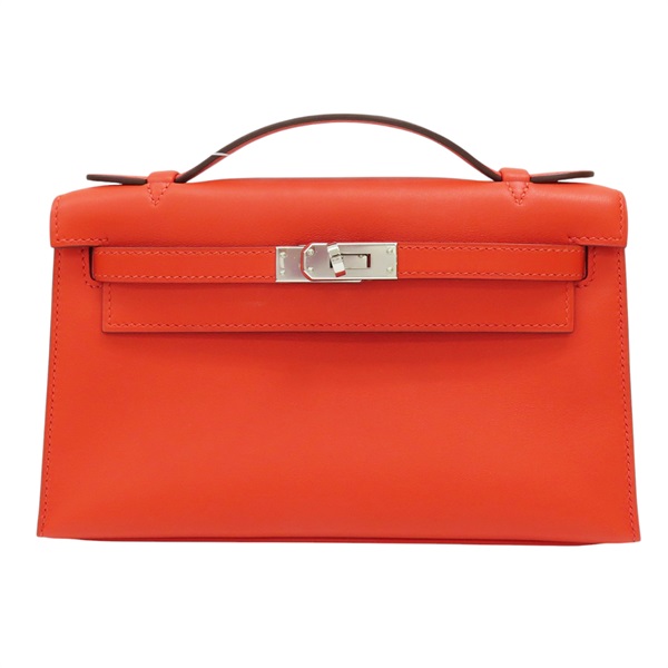 火橘色 Swift牛皮 Kelly Pochette 手提包 C刻 銀扣