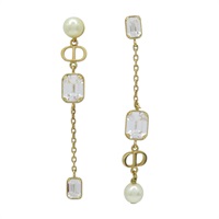 金色 合金 珍珠 水鑽 長耳環 【DIOR 迪奧】