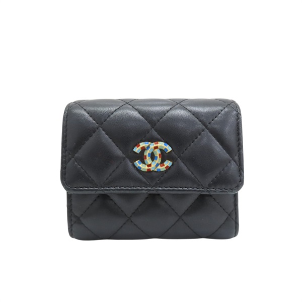 黑色 菱格紋 羊革 彩色雙C 三折短夾 無卡