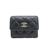 黑色 菱格紋 羊革 彩色雙C 三折短夾 無卡