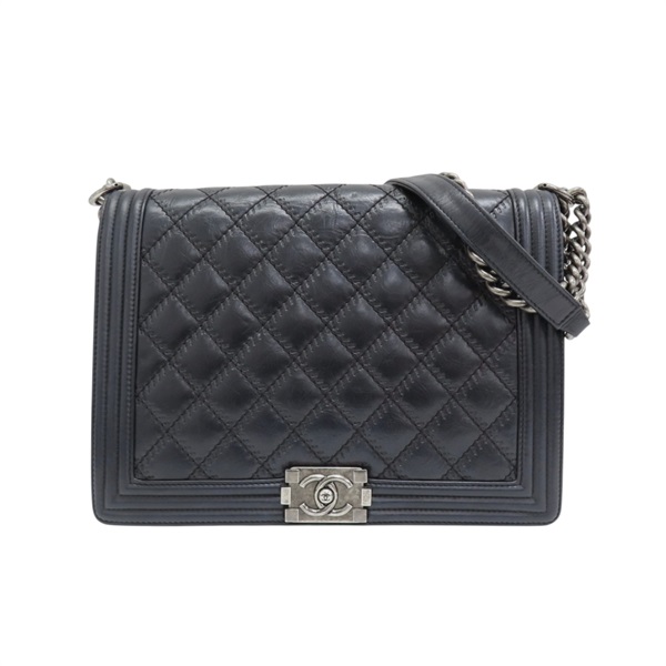 黑色 菱格紋 牛革 BOY CHANEL 口蓋包 肩背包 無卡