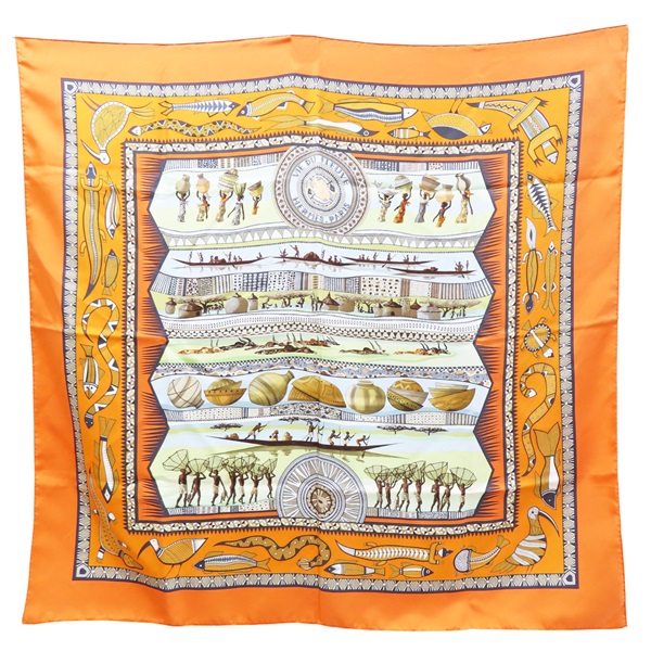 橘色 絲綢 方巾 90*90