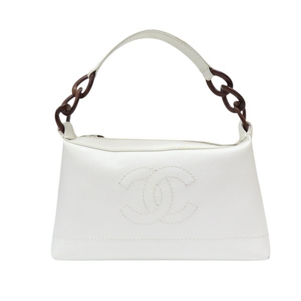 白色 荔枝紋牛皮 木鍊帶 CC 肩背包【CHANEL 香奈兒】
