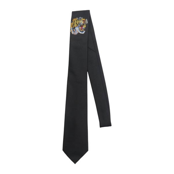 黑色 絲綢 虎頭刺繡 領帶【GUCCI 古馳】