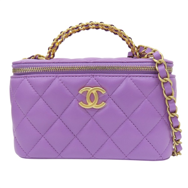 紫色 羊皮 化妝箱 鍊帶 肩背包 金扣