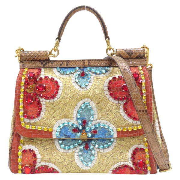 棕色 蛇皮 花朵線繡 水晶 兩用包【Dolce & Gabbana D&G 杜嘉班納】