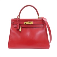 紅色 BOX皮革 Kelly 28 凱莉包 兩用包 ○W刻 金扣