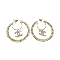 金色金屬 白色圓珠 水晶 圈式耳環 掉鑽【CHANEL 香奈兒】