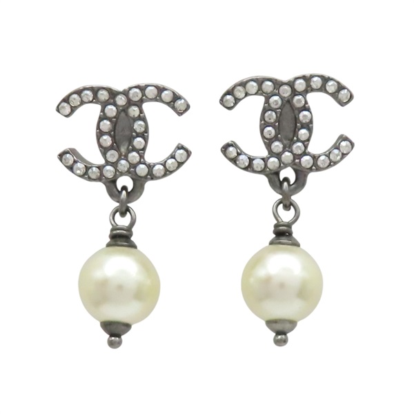 黑色金屬 雙C水晶 白珠 耳環【CHANEL 香奈兒】