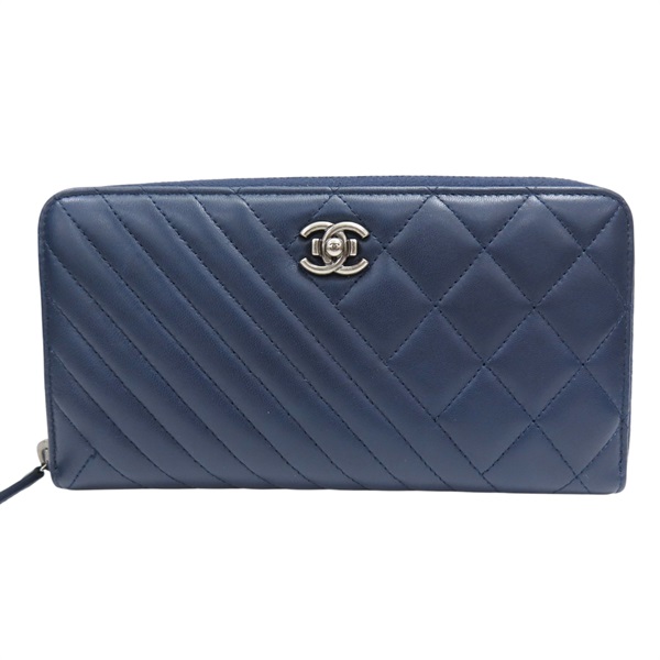 藍色 羊皮 拉鏈長夾 銀扣