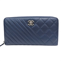 藍色 羊皮 拉鏈長夾 銀扣