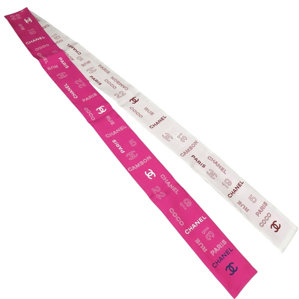 粉/白色 絲綢 Twilly 絲巾【CHANEL 香奈兒】