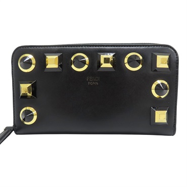 黑色 牛皮 鉚釘裝飾 拉鍊長夾【FENDI 芬迪】 8M0299