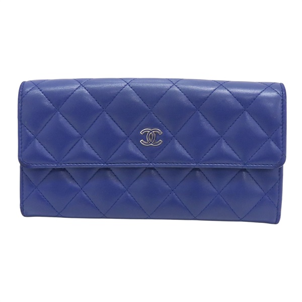 藍色 菱格紋 羊皮 銀扣 兩折長夾 A50096【CHANEL 香奈兒】 A50096