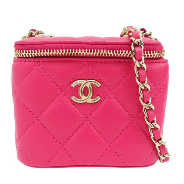 桃粉色 羊皮 Mini Vanity Case 鍊帶 肩背包 金扣【CHANEL 香奈兒】