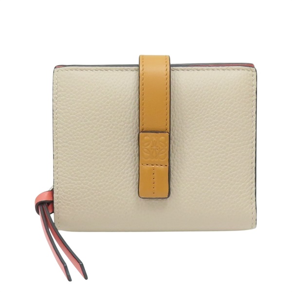 淺棕色/黃色/橘粉色 牛皮 銀扣 兩折短夾【LOEWE 羅威】