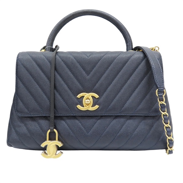 藍色 菱格紋 荔枝牛皮 Chevron Coco Handle 29 鍊帶 肩背包【CHANEL 香奈兒】 A92991