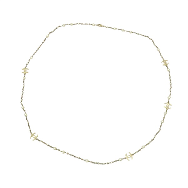 金色金屬 白色人造珠 長項鍊【CHANEL 香奈兒】