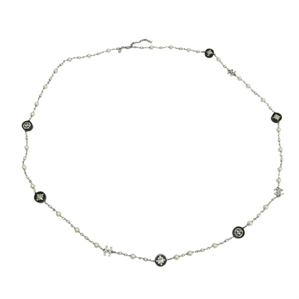 銀色金屬 白色人造珠 黑色壓克力 長項鍊【CHANEL 香奈兒】