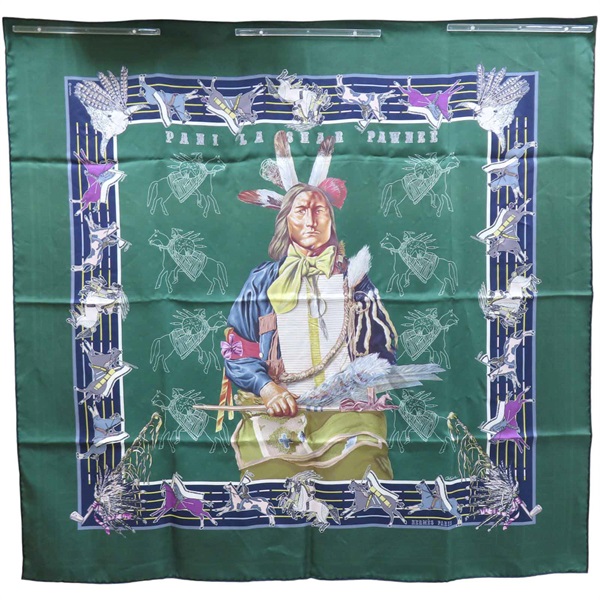 綠/藍色 Pani La Shar Pawnee 絲綢 絲巾 90*90【HERMES 愛馬仕】