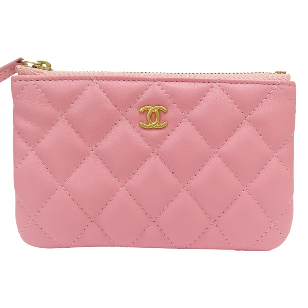 粉色 羊皮 拉鍊零錢包 金扣【CHANEL 香奈兒】