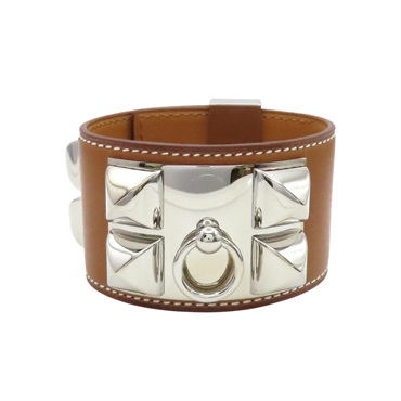 棕色 牛皮 CDC 24 銀釦 手環 □P刻【HERMES 愛馬仕】 H079501CK