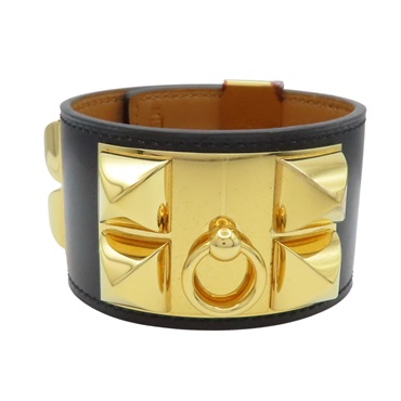 HERMES 愛馬仕 CDC Collier de Chien 手環 黑色 Box牛皮 金釦 口R刻 H068440CC89T2