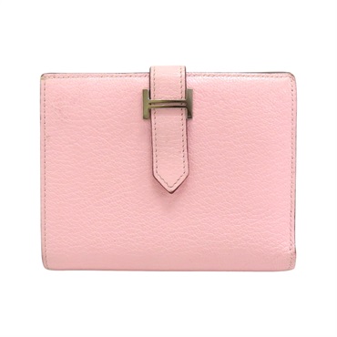 粉色 Chevre山羊皮 Bearn 兩折短夾 U刻 銀扣【HERMES 愛馬仕】